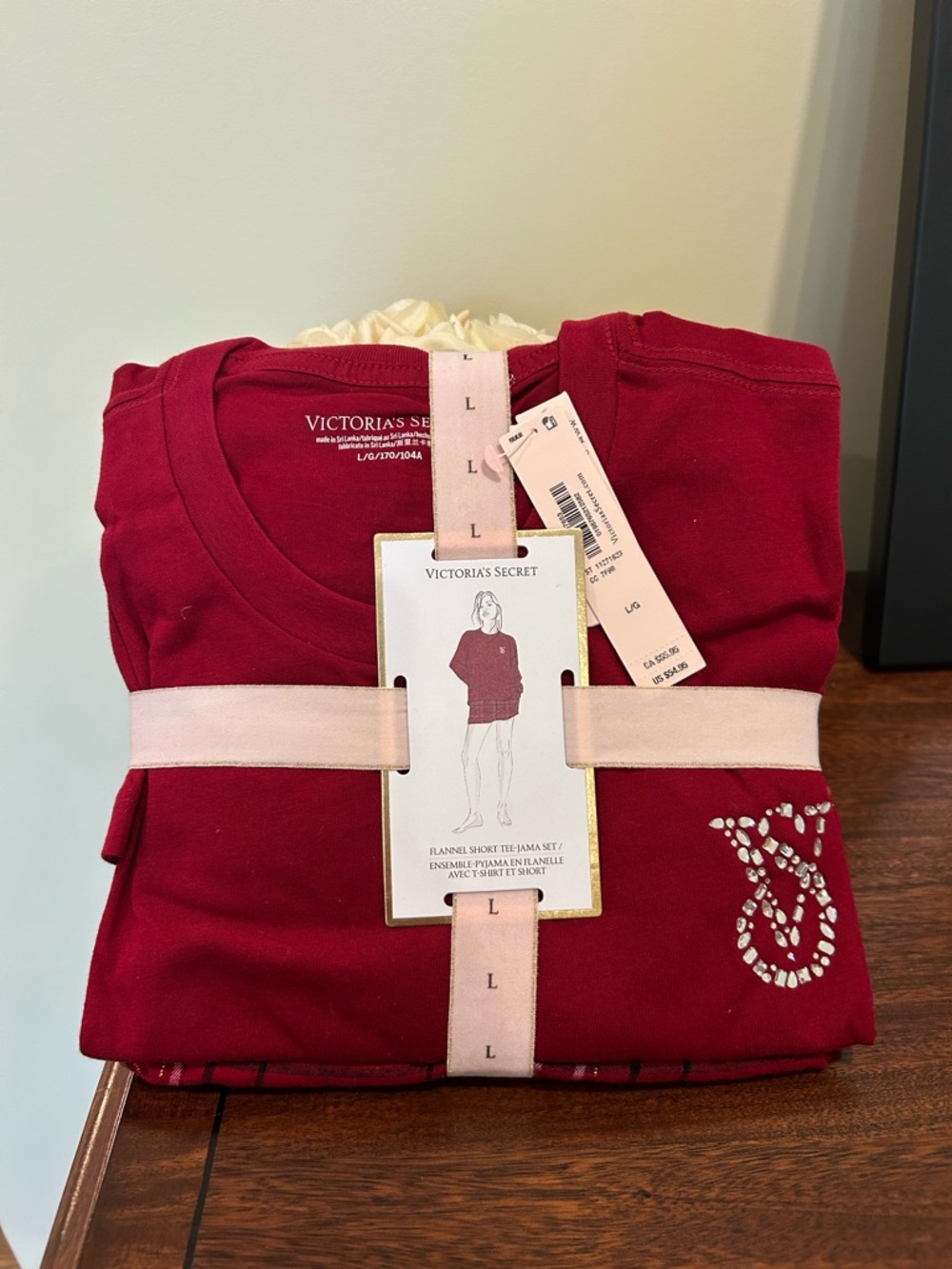 Victoria's Secret Red Flannel Short Pajama Set with Rhinestone Logo